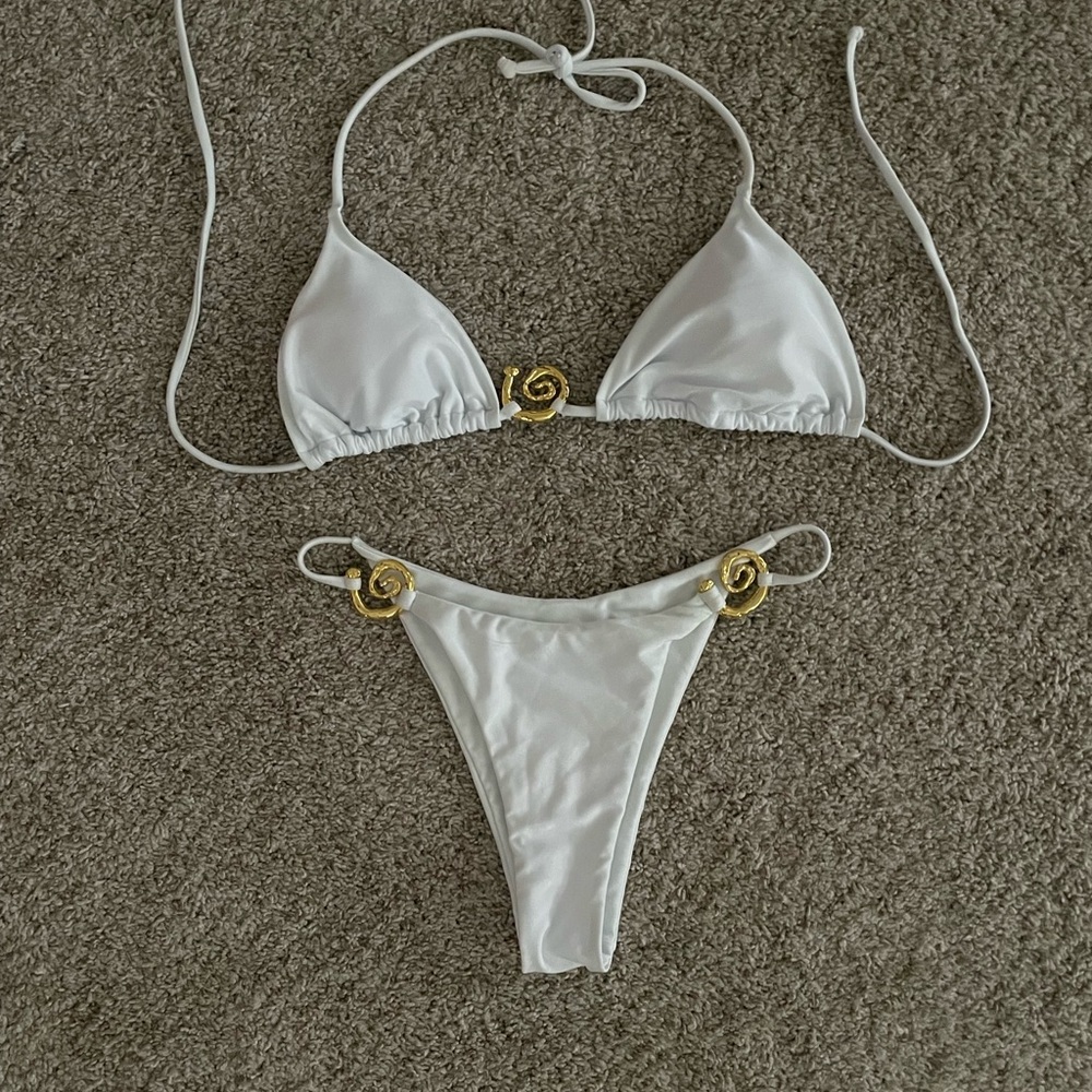 White and Gold Classic Bikini with Tie Straps